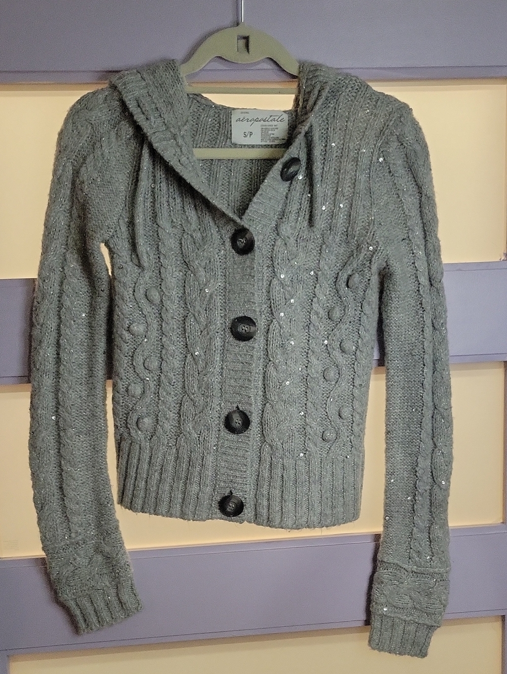 Aeropostale Gray Cable-Knit Sequin Hooded Cardigan